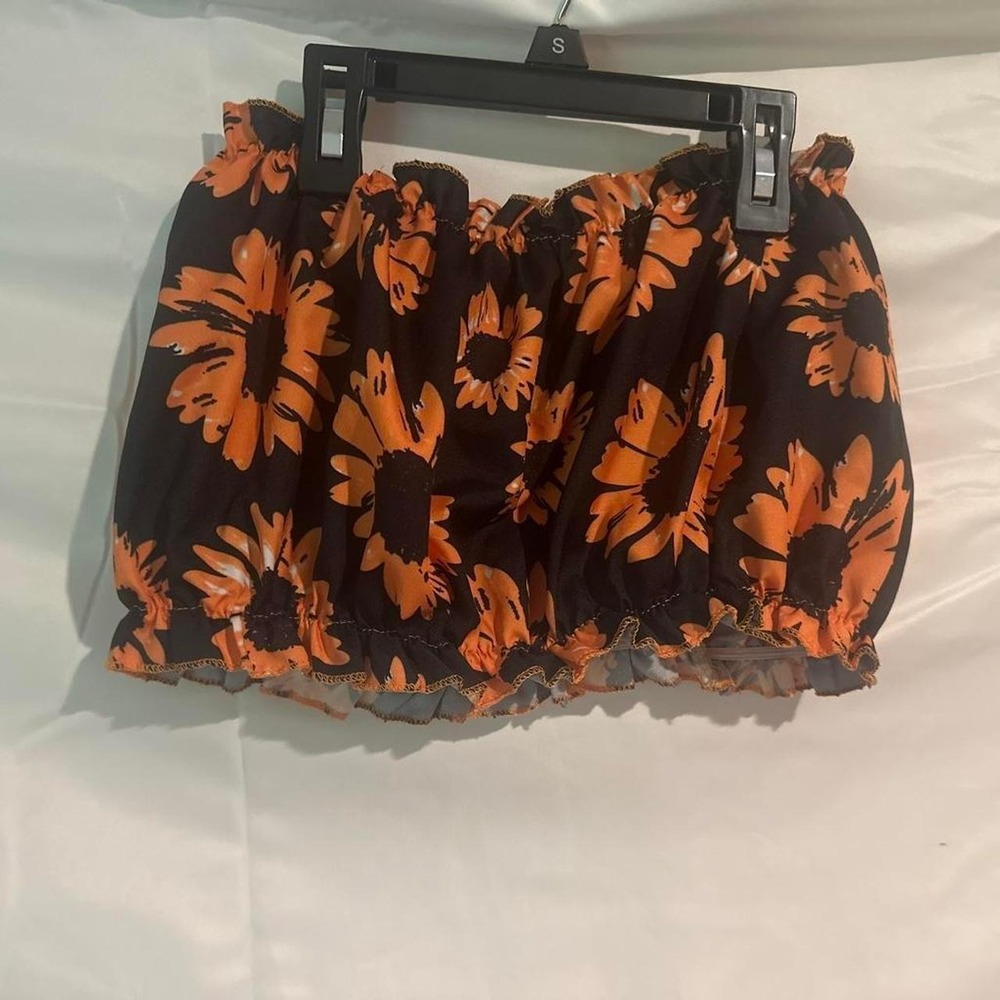 Sunflower Print Tube Top Orange Black Ruffle Cropped Strapless Floral Summer S